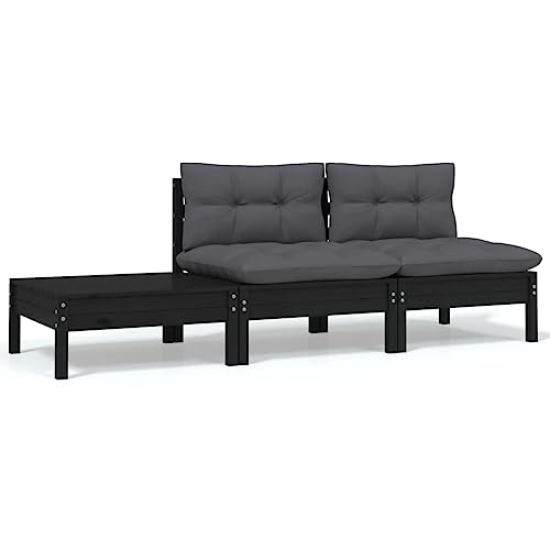 3-TLG. Garten-Lounge-Set mit Kissen Schwarz Kiefer Massivholz Garten Sofa von KLYEON