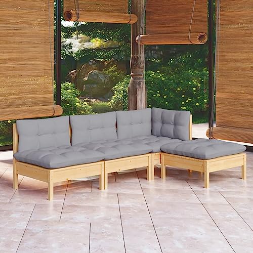 4-TLG. Garten-Lounge-Set mit Grauen Kissen Kiefernholz Gartenmöbel, Gartenmöbel-Sets von KLYEON