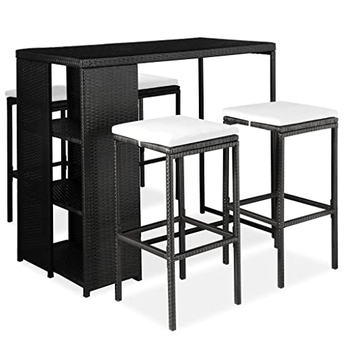 5-TLG. Gartenbar-Set mit Kissen Poly Rattan Schwarz,Trendiger Bartisch mit Hockern aus witterungsbeständigem Rattan für Garten, Balkon und Terrasse Gartenmöbel von KLYEON