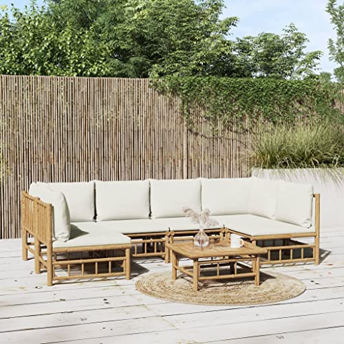 7-TLG. Garten-Lounge-Set mit Cremeweißen Kissen Bambus Gartenmöbel, Gartenmöbel-Sets von KLYEON