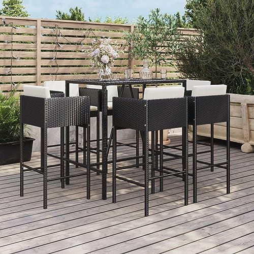 7-TLG. Gartenbar-Set mit Kissen Schwarz Poly Rattan Gartenmöbel, Gartenmöbel-Sets von KLYEON