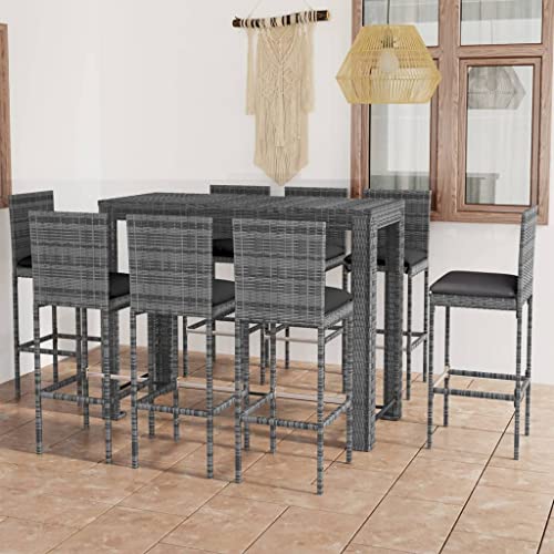 9-TLG. Garten-Bar-Set mit Anthrazit Kissen Poly Rattan Gartenmöbel, Gartenmöbel-Sets von KLYEON
