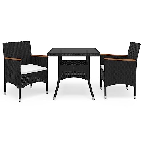 KLYEON 3-TLG. Garten-Essgruppe Schwarz Poly Rattan und Akazienholz Gartenmöbel, Gartenmöbel-Sets von KLYEON