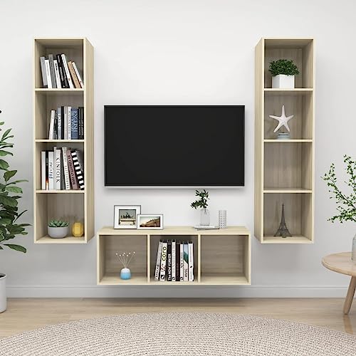 KLYEON 3-TLG. TV-Schrank-Set Sonoma-Eiche Holzwerkstoff Hängeschrank Wohnzimmer Stauraum Feuchtigkeitsbeständig for Multimedia-Center von KLYEON