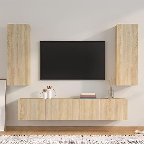 KLYEON 4-TLG. TV-Schrank-Set Sonoma-Eiche Holzwerkstoff Fernsehschrank modern MultimediaGeräte Betongrau for Tagungsraum von KLYEON