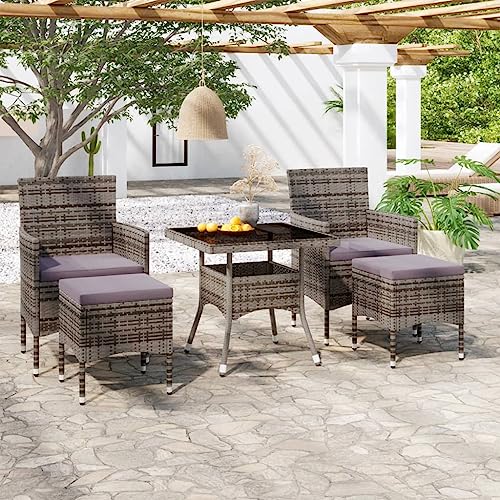 KLYEON 5-TLG. Garten-Essgruppe Poly Rattan und Hartglas Grau,Praktisches GartenmöbelSet: Gemütliches Poly Rattan Ensemble für entspannte Stunden im Freien Gartenmöbel von KLYEON