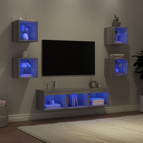 KLYEON 7-TLG. Wohnwand mit LED-Beleuchtung Grau Sonoma Holzwerkstoff Eukalyptusholz Einfache Reinigung Medienständer for Schlafzimmer von KLYEON
