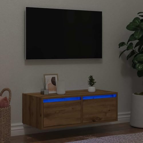 KLYEON TV-Schrank mit LED-Leuchten Artisan-Eiche Wandmontage Wandregal Wohnraum for Wohnzimmer 75x35,5x25 cm von KLYEON