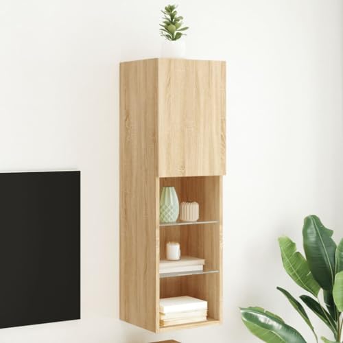 KLYEON TV-Schrank mit LED-Leuchten Sonoma-Eiche Wohnwand mit Stauraum stabil Vertikale Montage for Wohnzimmer 30,5x30x102 cm von KLYEON