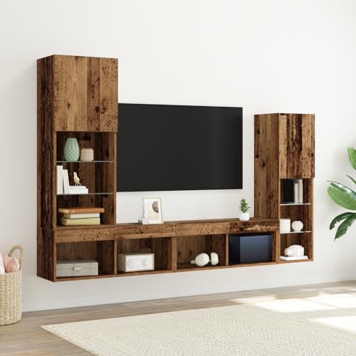 KLYEON TV-Schrank mit LED-Lichtern Alte Holz einfache Montage Eukalyptusholz Kiefernholz for Multimedia-Center 40,5x30x102 cm von KLYEON