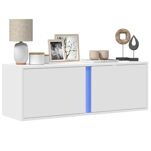 KLYEON TV-Wandschrank mit LED-Beleuchtung Weiß TV Möbel Kiefernholz Wandregal for Hotel 100x31x35 cm von KLYEON