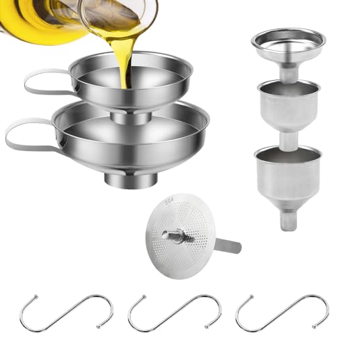 KLYKLL Edelstahl Trichter Set 5 Stk Edelstahltrichter Metalltrichter mit Griff Breiter Öffnung Einmachtrichter Stapelbar Einfülltrichter mit Sieb für Übertragung von Flüssigkeit Öl Pulver Küche von KLYKLL