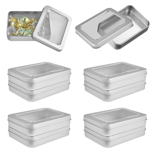 KLYNGTSK 10 Stück Metalldosen mit Transparent Deckel Mini Metall Aufbewahrungsbox klein Metallbox Rechteckige Leere Dosen Silber Blechdose Metall Rechteckige Behälter für Organizer, 11.5x8.5x2.2cm von KLYNGTSK