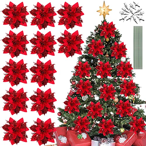 KLYNGTSK 12 Stück Poinsettia Weihnachtsblume Künstliche Weihnachtsstern Blumen Weihnachten Glitzer Blumen Poinsettia Weihnachtsbaum Ornament Rot Weihnachtsbaum Blumen für Weihnachten Dekorationen von KLYNGTSK