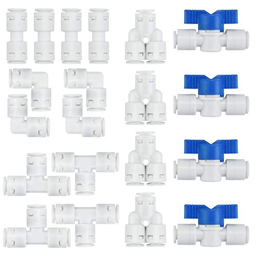 KLYNGTSK 20 Stück Wasserzulaufleitung Wasserfilter Fitting Universal Anschluss Set 1/4" Adapter Fitting Verbindungsstück für Kühlschrankschlauch, Wasserschlauch Waschmaschine, 5 Formen von KLYNGTSK