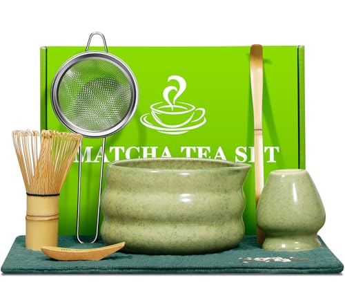 Matcha Set 7-teilig, Japanisches Macha Tea Set –Schale mit Ausguss, Bambusbesen, Chasen-Halter, Löffel, Löffelablage, Sieb und Handtuch, Matcha Latte Ceremonial Tee Zubehör Kit für Starter, Grün von KLYZOXO