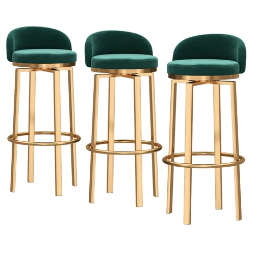 KLZUOPT Barhocker Moderne Barhocker 3er-Set, Barhocker in Barhöhe, Drehhocker aus Samt mit niedriger Rückenlehne und Fußstütze, Drehbare Barhocker in Thekenhöhe für Kücheninsel, Café, Pub, Grün von KLZUOPT