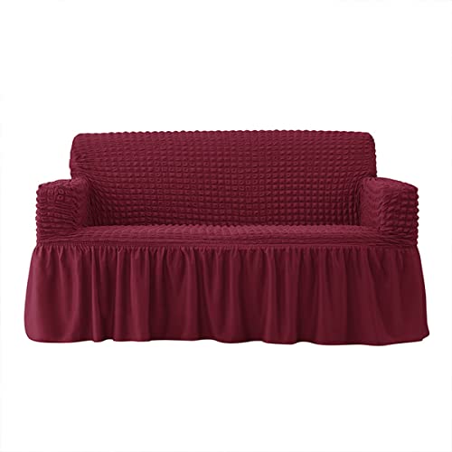 Luxus-Sofa-Schonbezüge Stretch-Sofa-Abdeckung 1 2 3 4-Sitzer, Seersucker-Sofa-Schonbezug mit Rock Rutschfester weicher Couch-Bezug Waschbarer Möbelschutz für Kinder und Haustiere – Weinrot-4-Sitzer (2 von KLZUOPT