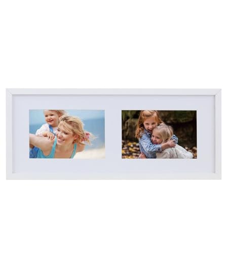 Collage Bilderrahmen Holz Fotos Massivholz Bilderrahmen mit Passepartout & bruchsicherem Kunststoffglas | Quer & Hochformat Wandrahmen S111: Farbe: Weiß | Format: 2x 10x15 H von KM FOTO