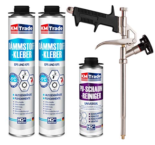 SET Dämmstoffkleber 2 Dosen 750ml Klebeschaum Perimeterkleber Kleber für Dämmung + 1 Reiniger + 1 Schaumpistole von KM Trade