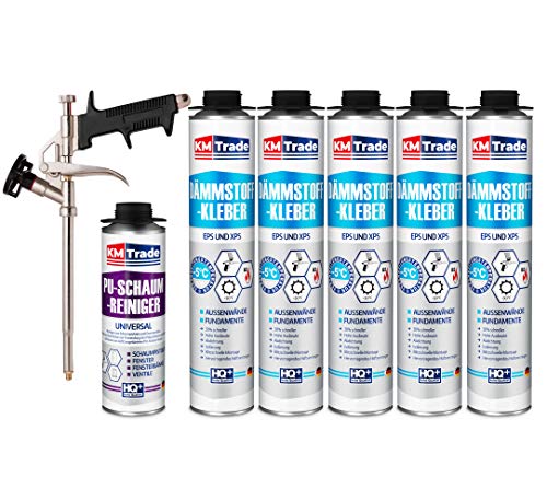 SET Dämmstoffkleber 5 Dosen 750ml Klebeschaum Perimeterkleber Kleber für Dämmung + 1 Reiniger + 1 Schaumpistole von KM Trade