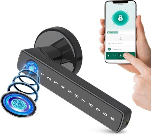 Türschloss Fingerabdruck, Smart Lock, Elektronisches Türschloss - Für Innentüren mit einer Stärke von 35-55 mm – smartes Türschloss – Per App gesteuert – mit Rosette und 2 Magnetkarten - Schwarz von KMD HOME
