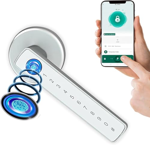 Türschloss Fingerabdruck, Smart Lock, Elektronisches Türschloss - Für Innentüren mit einer Stärke von 35-55 mm – smartes Türschloss – Per App gesteuert – mit Rosette und 2 Magnetkarten - Silber von KMD HOME