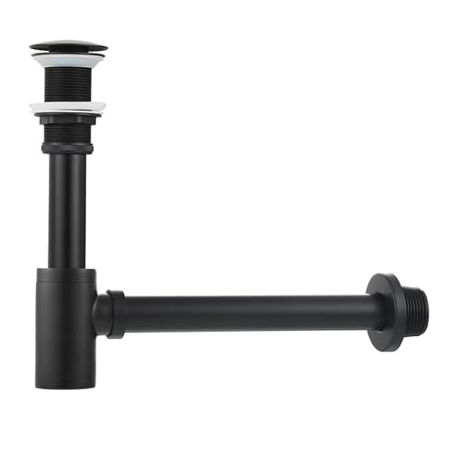 Siphon Waschbecken mit Ablaufgarnitur, Universal Röhrensiphon Abflussrohr, Abflussgarnitur Abfluss Waschbecken, mit Messing Sifon Ablaufventil Pop Up (Schwarz Set Ohne Überlauf) von KMDZDZGS
