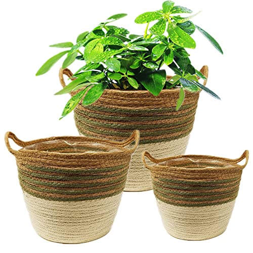 KMERCE 3Pcs Pflanzenkorb seegras, übertopf Boho, Blumentopf Geflochten, dekorativ übertöpfe Korb für zimmerpflanzen, mit wasserdichtem Kunststofffutter, 18cm, 22cm, 25cm Durchmesser von KMERCE