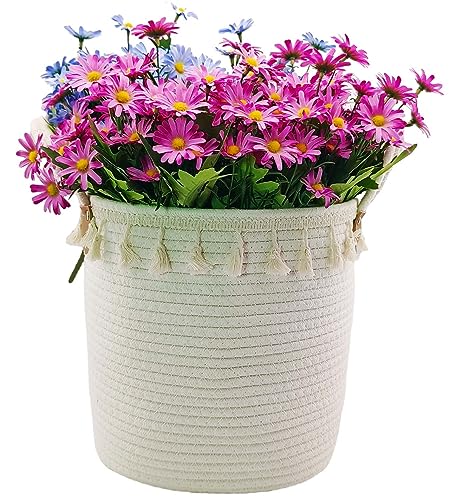 KMERCE Pflanzkorb geflochten groß, Blumentopf Korb, übertöpfe für zimmerpflanzen, blumenkorb Dekorative, Korb innen Boho mit wasserdichtem Kunststofffutter und Griffen, Weiß, 25cm Durchmesser von KMERCE