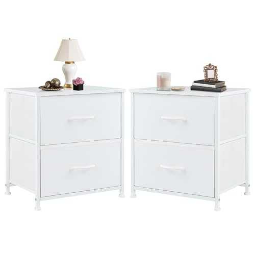 KMFurnila Weiße Nachttische mit zwei Schubladen, Beistelltische, Wohnzimmer, 2 Schubladen, Kommode, Schlafzimmer, Nachttisch, Schrank mit Stauraum, Holzplatte, Metallrahmen, 50,8 cm hoch von KMFurnila