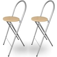 KMH® 2er-Set Barhocker Bill – Klappbar & platzsparend, Silberfarben/Buchendekor – Hocker mit Rückenlehne & Fußstütze, Stahlgestell, 73,5 cm Sitzhöhe von KMH