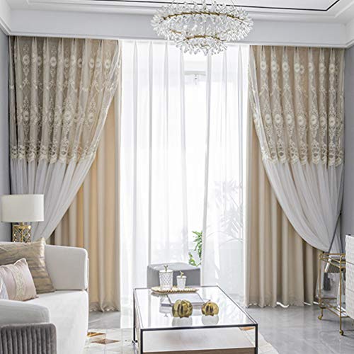 2 Schichten Spitzen Stickerei Verdunkelungsvorhänge,Elegance Doppelstöckiger Gardinen Blickdicht mit Voile,Wohnzimmer Kinder Schlafzimmer Wärmeisolierter Double-Deck Bleistiftfalten Vorhang,Beige,1p von KMILE