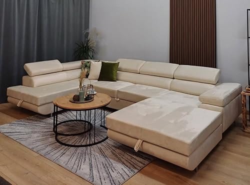 Ecksofa RODOS mit Schlaffunktion und Bettkasten – Schlafsofa U-Form mit Stauraum – modernes Eckcouch Sofa für Wohnzimmer – Couch mit Bettfunktion – Links oder Rechts montierbar (Beige, Links) von KMK GNYCH