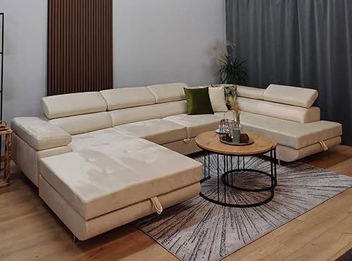 Ecksofa RODOS mit Schlaffunktion und Bettkasten – Schlafsofa U-Form mit Stauraum – modernes Eckcouch Sofa für Wohnzimmer – Couch mit Bettfunktion – Links oder Rechts montierbar (Beige, Rechts) von KMK GNYCH