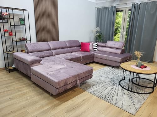 Ecksofa RODOS mit Schlaffunktion und Bettkasten – Schlafsofa U-Form mit Stauraum – modernes Eckcouch Sofa für Wohnzimmer – Couch mit Bettfunktion – Links oder Rechts montierbar (Rosa, Rechts) von KMK GNYCH