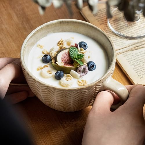 Groß Kaffeetasse XXL Tasse Keramik 700ml Suppentassen mit Henkel, Frühstücksschüssel, Müsli, Suppe, Haferbrei, Salat, Extra große Keramiktasse (400ml Gelb) von KMQRDZi