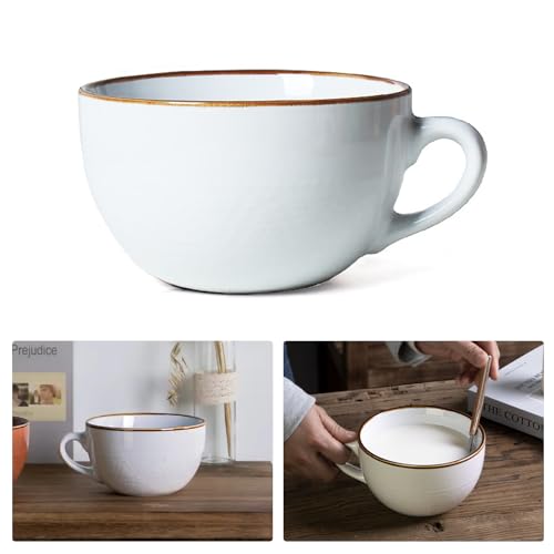 Groß Kaffeetasse XXL Tasse Keramik 700ml Suppentassen mit Henkel, Frühstücksschüssel, Müsli, Suppe, Haferbrei, Salat, Extra große Keramiktasse (700ml Weiß) von KMQRDZi