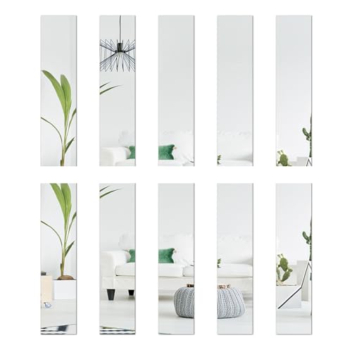 KMQRDZi 10 Stück Spiegel aus Glas je 5x20 cm, Spiegelfliesen, Wanddekoration, Rechteckiger Acrylspiegel-Aufkleber, 3D-Effekt, Selbstklebender Wandspiegel, Rahmenloser DIY (Silber) von KMQRDZi