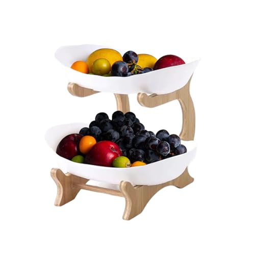 KMQRDZi Dreifach-Obstschale, Platzsparende Obstschale, Snackschale, Obst Etagere Obstschale, Haushalt, Holzständer, Aufbewahrungsschale für Gemüse, Obst und Snacks (Weiß, Doppelstock) von KMQRDZi