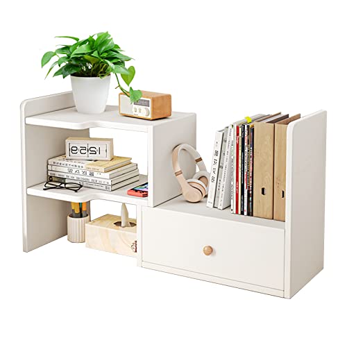 KMQRDZi Mehrstöckiges Bücherregal, Regal, Schreibtisch-Organizer, Klein Desktop Organizer Bücherregal Holz Geeignet für Arbeitstisch, Bürotisch, Küche, Studentenwohnheim (Weiß, mit Schublade) von KMQRDZi