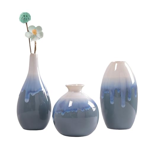 Keramik Vasen 3er-Set Kleine Vase für die Heimdekoration,Elegant,EinfachSchön,Blumenarrangement,Wohnzimmer Schlafzimmer Flur Büro, Hochzeit Tulpe Narzisse Vase,Hochwertige importierte Keramik (Blau) von KMQRDZi