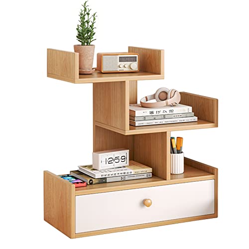 Mehrstöckiges Bücherregal, Regal, Schreibtisch-Organizer, Klein Desktop Organizer Bücherregal Holz Geeignet für Arbeitstisch, Bürotisch, Küche, Studentenwohnheim (Holzfarbe, Triple mit Schublade) von KMQRDZi