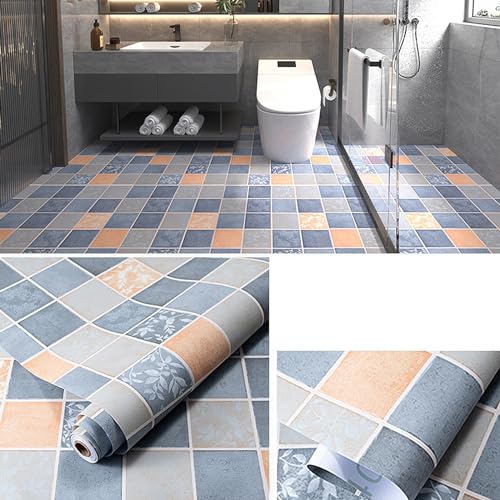 PVC Bodenbelag Selbstklebende 2m², Bodenaufkleber,Wasserfeste Bodenaufkleber,Rutschfeste Bodenaufkleber für Eingangstür,Wohnzimmer,Küche,0.4 * 5m,Mehrere Muster (Kariert, Blau) von KMQRDZi