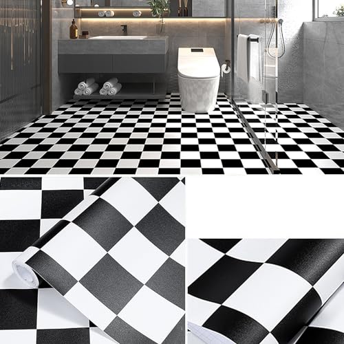 PVC Bodenbelag Selbstklebende 2m², Bodenaufkleber,Wasserfeste Bodenaufkleber,Rutschfeste Bodenaufkleber für Eingangstür,Wohnzimmer,Küche,0.4 * 5m,Mehrere Muster (Kariert, schwarz-weißes) von KMQRDZi