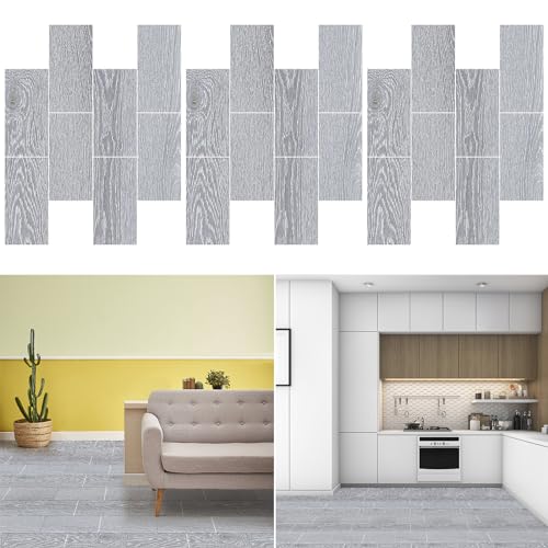 Selbstklebender PVC-Bodenaufkleber, Renovierung von Fußböden in Wohnheimen, selbstklebendes Bodenleder, Holzmaserung Geeignet für Schlafzimmer, Wohnräume, Küchenböden und Wände (Hellgrau, 24) von KMQRDZi