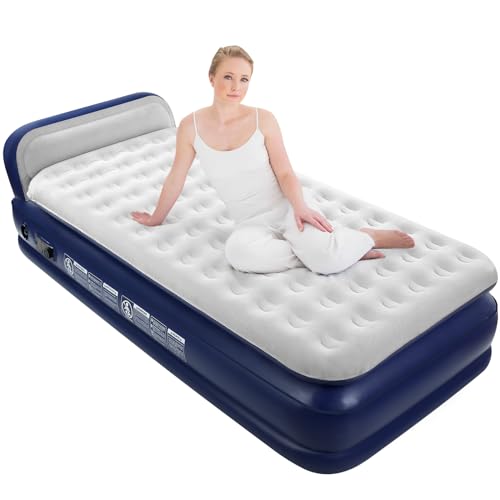 KMZ Flocked Luftmatratze mit integrierter elektrischer Pumpe Doppelte Höhe aufblasbare Matratze für Haus, Reisen & Camping - Durable Blow Up Bett - Einzelbett von KMZ