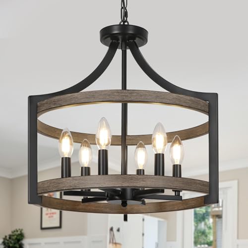 KMaiPem Kronleuchter Modern Schwarz Umwandelbare Landhausstil Deckenlampe Wohnzimmer, 6 Lichter Vintage Rustikal Bauernhaus Faux Holz Hängelampe Schlafzimmer(Glühbirne nicht enthalten) von KMaiPem