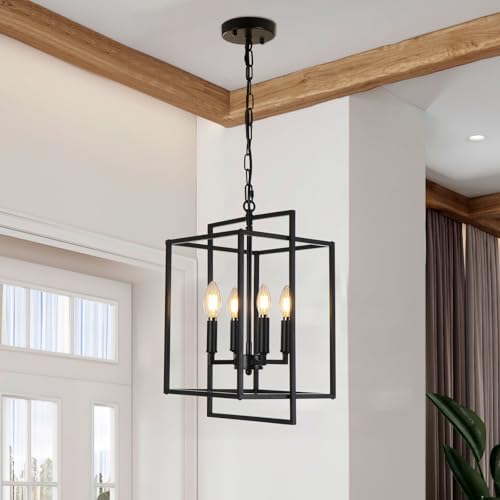 KMaiPem Schwarz Kronleuchter Modern, 4-flammiger Vintage Metall Kronleuchter, Bauernhaus Hängelampe Esstisch, Höhenverstellbare Laterne Pendelleuchte für Eingangsbereich Foyer Wohnzimmer von KMaiPem