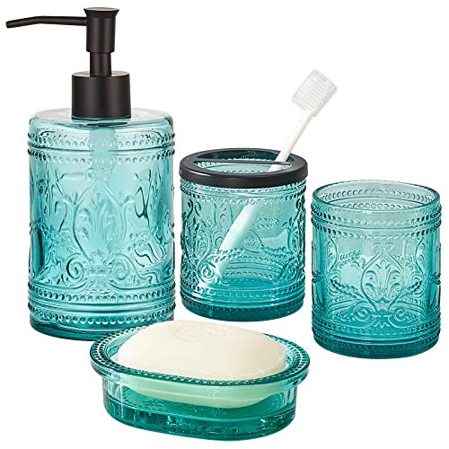 4-teiliges Badezimmerzubehör-Set aus Glas mit dekorativem gepresstem Muster, inklusive Handseifenspender, Becher, Seifenschale und Zahnbürstenhalter, Blaugrün von KMwares